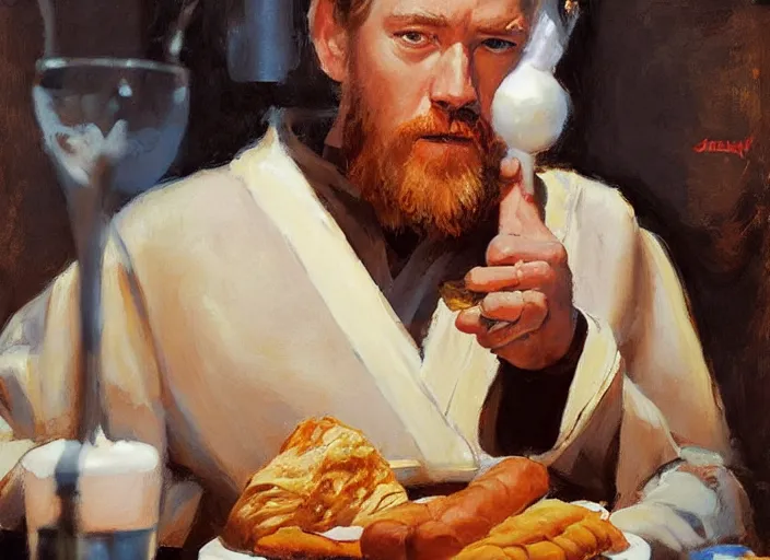 Image similar to a highly detailed beautiful portrait of obi - wan kenobi eating only one cannoli, by gregory manchess, james gurney, james jean