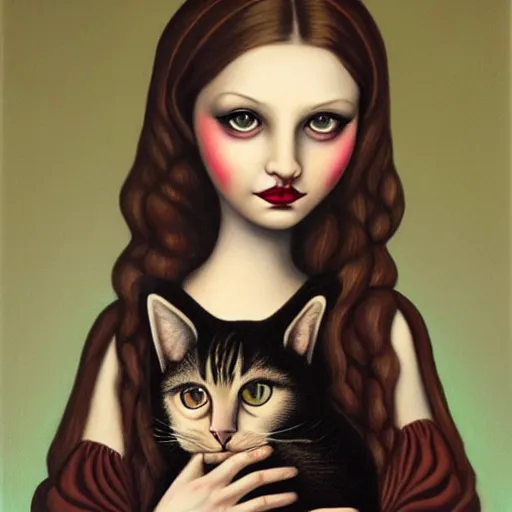 Prompt: a painting of a woman holding a cat, a character portrait by mark ryden, featured on deviantart, gothic art, tarot card, deviantart, gothic