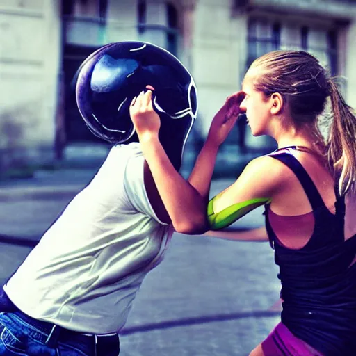 Prompt: Photo, A girl fight against an alien.