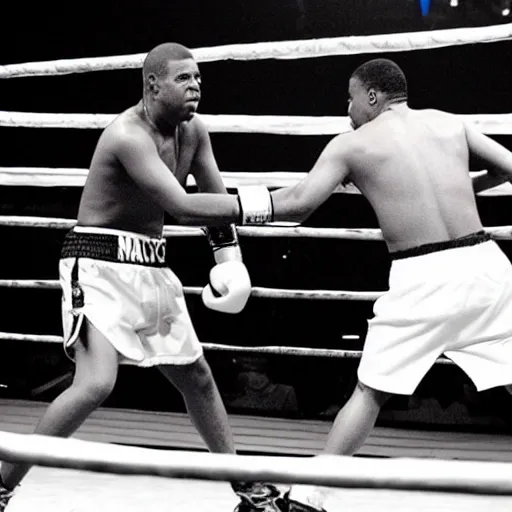 Image similar to jay - z and nas duke it out in a boxing ring madison square garden photo from 1 9 9 7