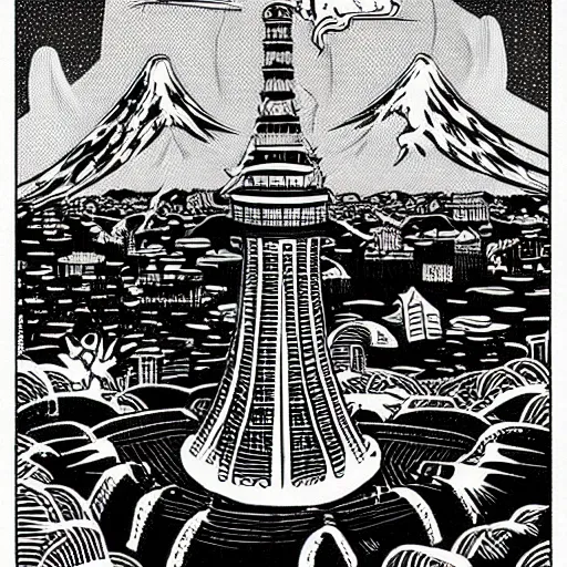 Prompt: mcbess illustration of a giant cat monster attacking tokyo tower