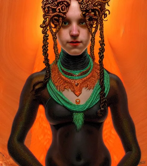 Prompt: portrait of teenage medusa, bald, naughty smile, wearing an embroidered orange tunic, wearing headdress made of black snakes, intricate, elegant, copper and emerald jewelry, glowing lights, highly detailed, digital painting, artstation, concept art, smooth, sharp focus, illustration, art by wlop, mucha, artgerm, and greg rutkowski