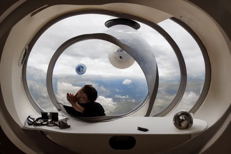 Image similar to sci-fi scene of space tourists in glamourous spaceship bedroom looking out large circular window at earth orbit By Emmanuel Lubezki