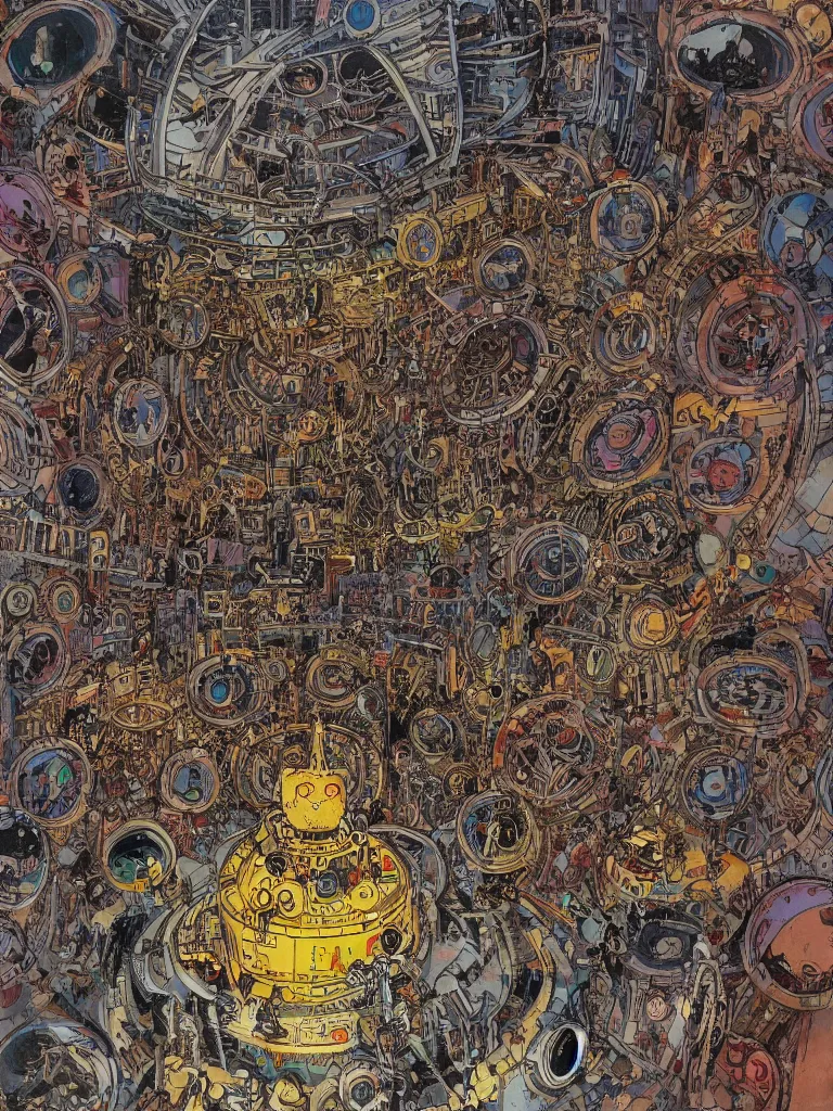 Image similar to Circular room with robot cat in the center, by Philippe Druillet