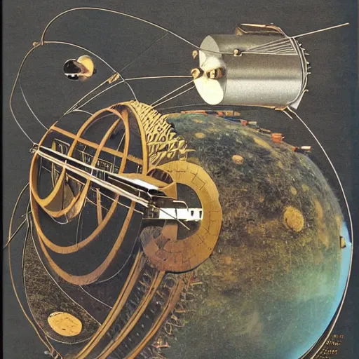 Image similar to 1960 magazine cut out collage of steam punk machinery terraforming Jupiter, Horst Jansen,