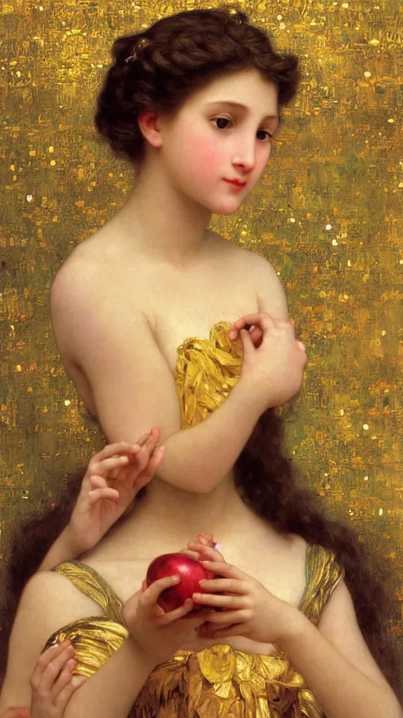 Image similar to painting portrait of a beautiful girl with an apple in her hand, intricate, elegant, digital painting, smooth, sharp focus, shiny gold, realistic gold, realistic metal, by William-Adolphe Bouguereau and Gustav Klimt,