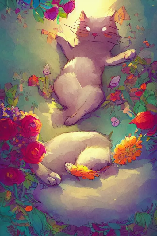 Image similar to a digital art of a cat sleeping in the room with flowers around in the afternoon, the sun shines in, storybook art, watercolor, detailed, cute, by anton fadeev, featured on artstation