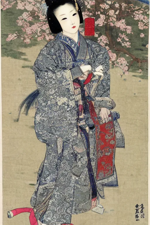 Image similar to tang dynasty songstress by akihiko yoshida and john constable