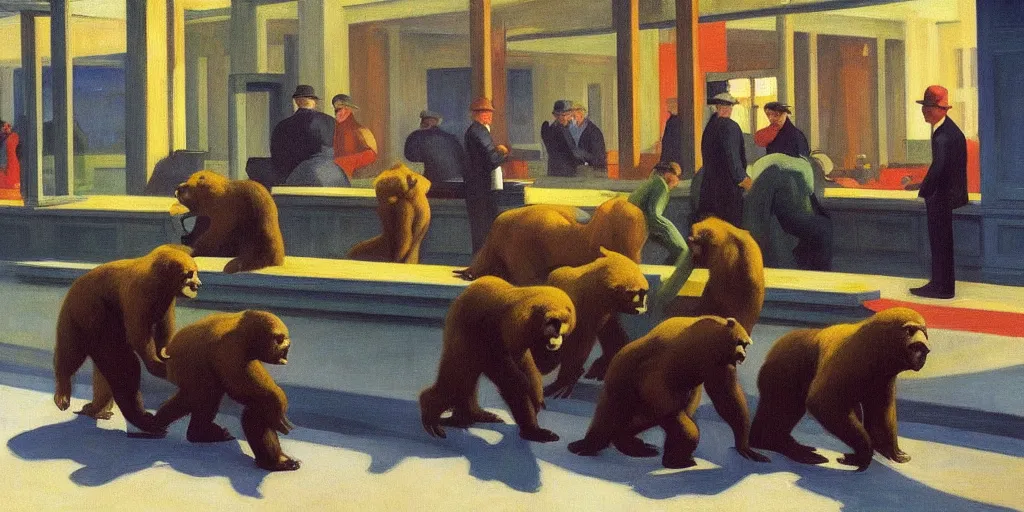 Prompt: edward hopper's painting, of a group of werebears robbing a bank