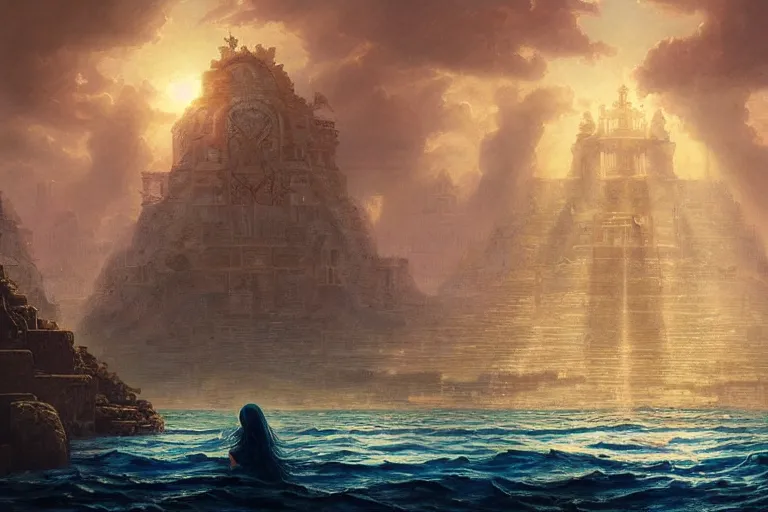 Prompt: a beautiful painting of the lost city of Atlantic city under water, ray of sunlight, mermaid in distance, Greg Rutkowski, Moebius, Mohrbacher, blue and gold color scheme
