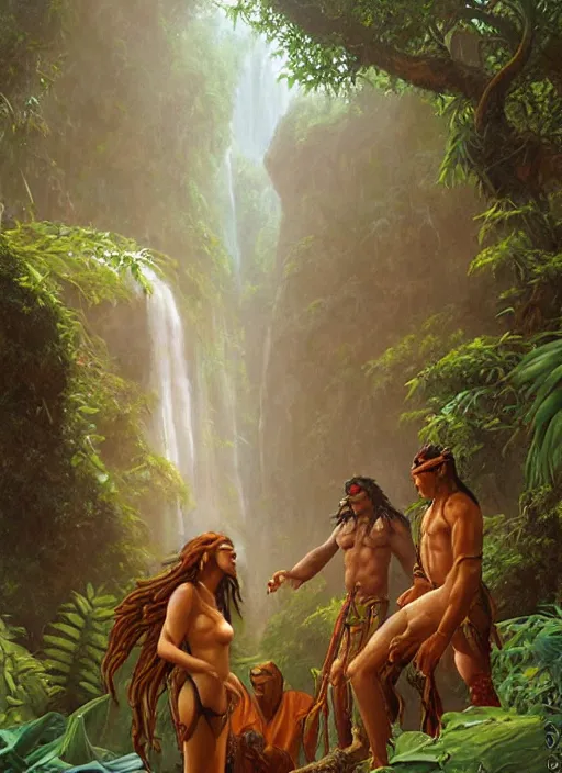 Prompt: ancestors protecting a shaman in the jungle, old faces in the jungle, art by christophe vacher