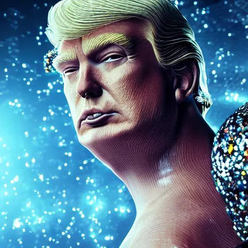 Image similar to donald trump full body detailed, ethereal, cyborg, covered in blood diamonds and other gems glowing, highly detailed face, elegant posed, evil expression, intricate, extremy detailed, beeple, cgsociety, 3 d unreal engine octane render. cinematic lighting, highly detailed 4 k art