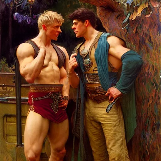 Image similar to attractive muscular arthur pendragon and muscular attractive merlin go to a pub together to have some drinks. highly detailed painting by gaston bussiere, craig mullins, j. c. leyendecker, alphonse mucha 8 k