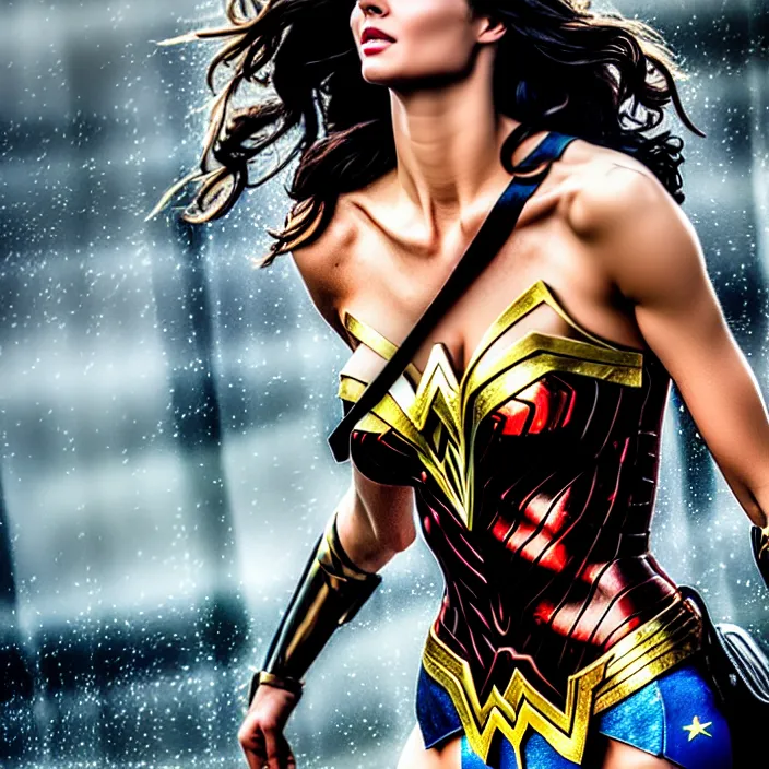 Prompt: fully body pose, photo of a very beautiful!! victoria secret model, wonder woman, wet hair, raining, 8 k, hdr, smooth, sharp focus, high resolution, award - winning photo, trending on artstation, dslr, 5 0 mm