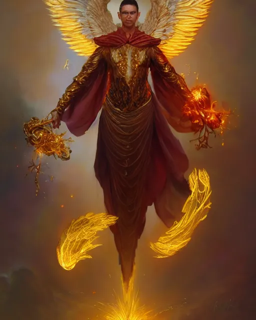 Prompt: character portrait of a male angel of justice with golden fiery wings, surrounded with spiriling sparkling rose crystals, by peter mohrbacher, mark brooks, jim burns, marina abramovic, wadim kashin, greg rutkowski, trending on artstation