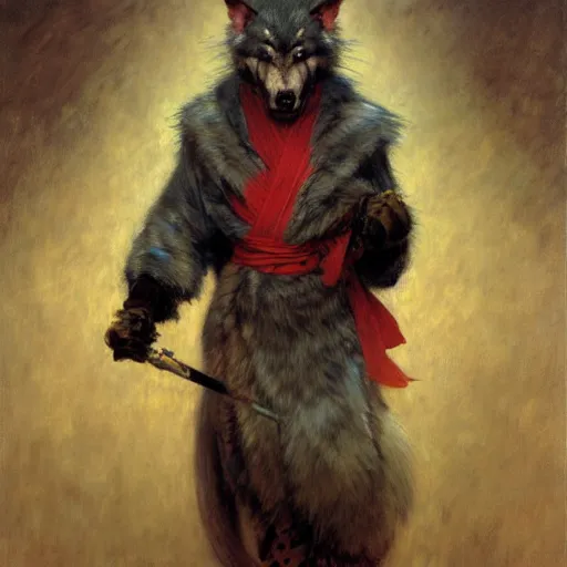 Image similar to a male ninja ratwolfman rat wolf man in a red kimono furry arms furry body walking stick. furaffinity furry art detailed face painting by gaston bussiere craig mullins jc leyendecker gustav klimt artgerm greg rutkowski furry