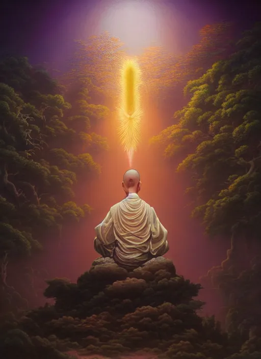 Image similar to a shinto monk meditating, in the style of tomasz alen kopera and fenghua zhong and peter mohrbacher, mystical colors, rim light, beautiful lighting, 8 k, stunning scene, raytracing, octane, trending on artstation