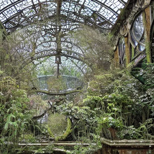 Image similar to abandoned overgrown art nouveau winter garden, epic details