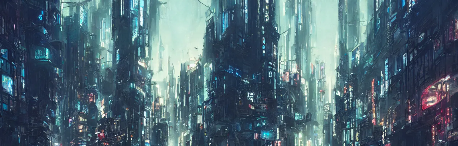 Image similar to a painting of a cyberpunk city trending on artstation in the style of greg rutkowski and banksy