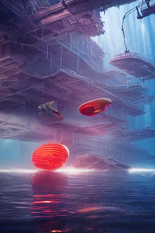 Image similar to hyperrealistic precisionist cinematic underwater dystopian futurist city ruins with giant bioluminescent multicolored mutant fish and cyborg jellyfish, digital art masterpiece, aykut aydogdu eric zener, very dramatic volumetric light, long shot, ground angle uhd 8 k, deep focus