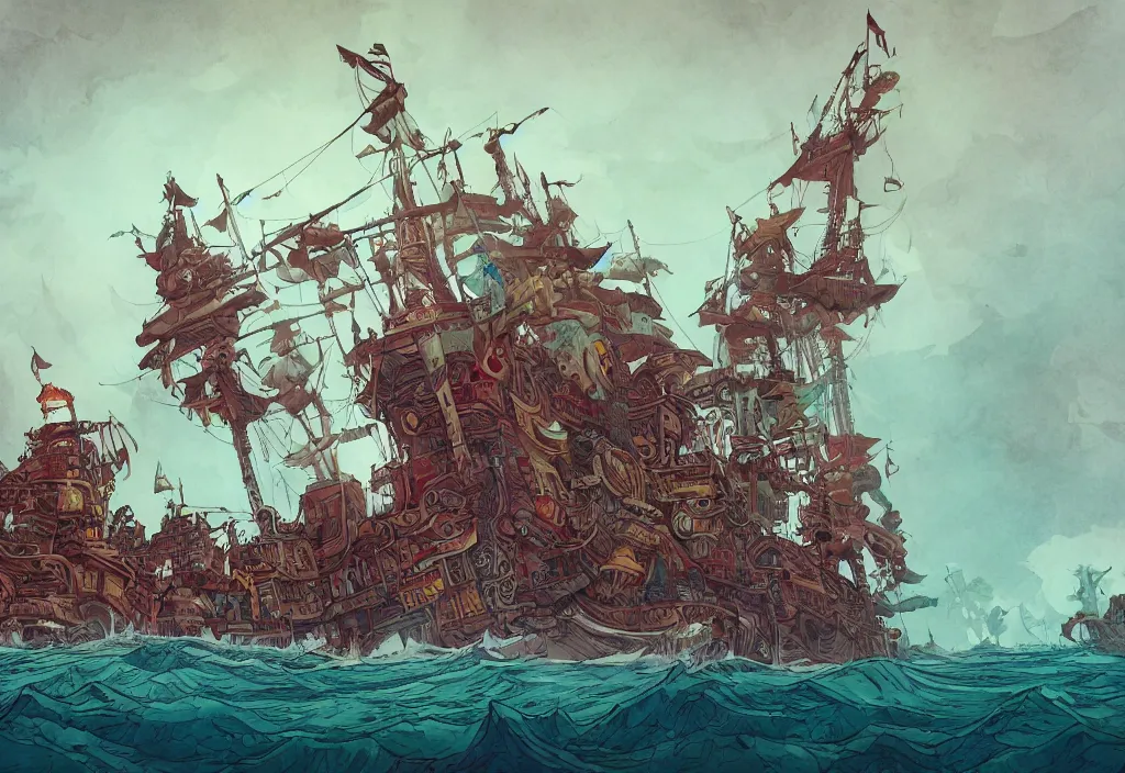 Image similar to handmade illustration of a cartoonish pirate ship, line art, ink, watercolor by Kilian Eng and by Jake Parker, winning-award masterpiece, fantastic, octane render, 8K HD Resolution, High quality image