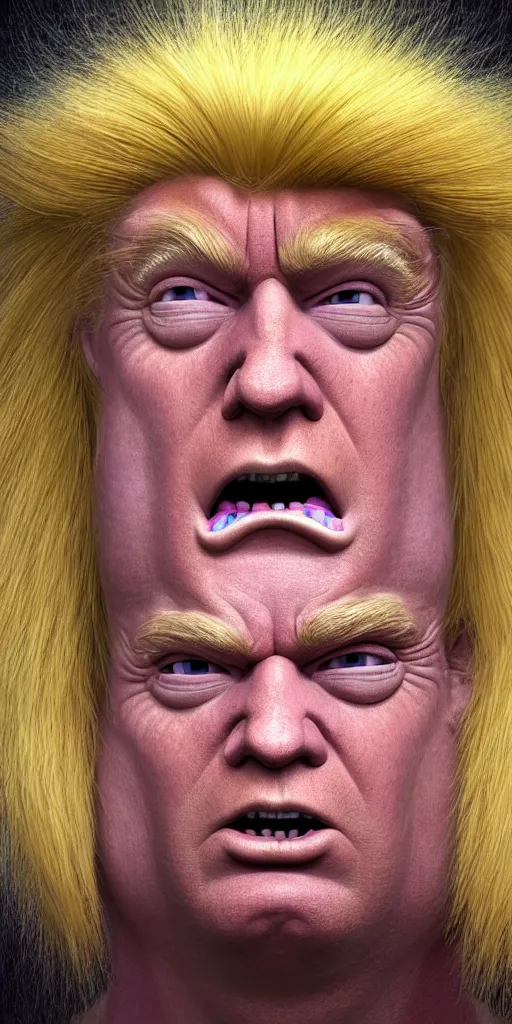 Image similar to hyperrealistic mixed media painting of Trump as a Norwegian Troll doll, stunning 3d render inspired art by P. Craig Russell and Barry Windsor-Smith + perfect facial symmetry + dim volumetric lighting, head and shoulders, serious expression, 8k octane beautifully detailed render, post-processing, extremely hyperdetailed, intricate, epic composition, grim yet sparkling atmosphere, cinematic lighting + masterpiece, trending on artstation, very detailed, masterpiece, stunning