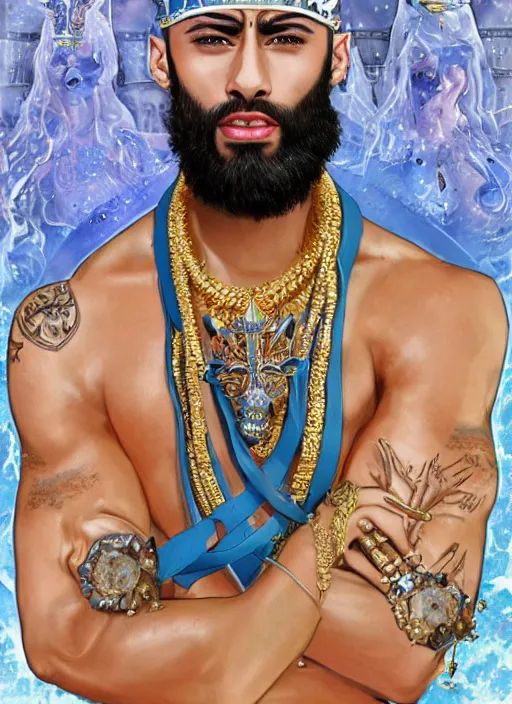 Prompt: muscular Atlantean king Zayn Malik grinning and wearing cholo sunglasses and a heavy bejeweled gold crown with 10ct diamonds on his head while shirtless and wearing a blue diamond gold chain around his neck that says PIMP, blue diamonds, a white falcon on his shoulders, steelpunk, ghibli studio, nekro, Tom Bagshaw, Craig Mullins, octane 8k, by brian froud, Trending on ArtStation