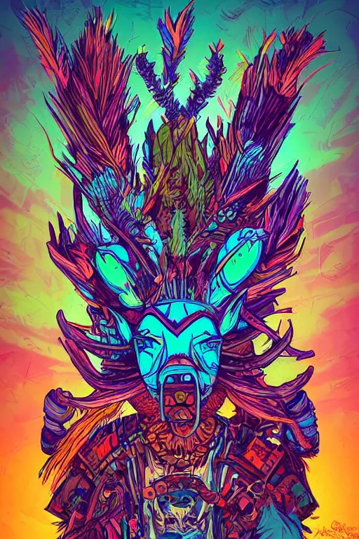 Image similar to totem animal tribal chaman vodoo mask feather gemstone plant wood rock video game illustration vivid color borderlands by josan gonzales and dan mumford radiating a glowing aura