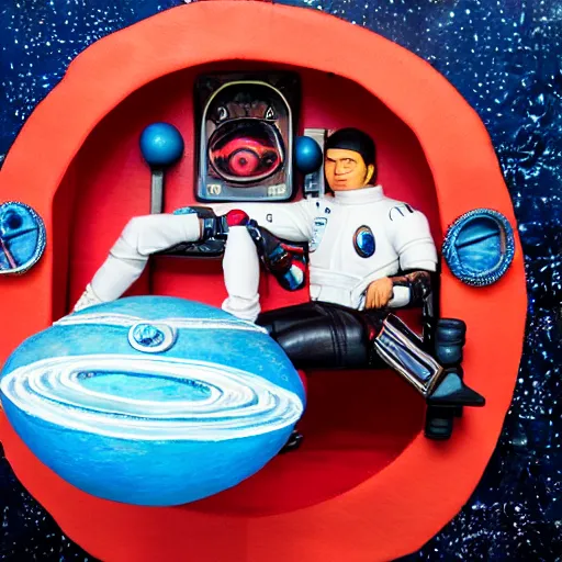 Prompt: a space captain steering a giant steering wheel, space backdrop, canon 5 d 5 0 mm lens, everything made of papier - mache