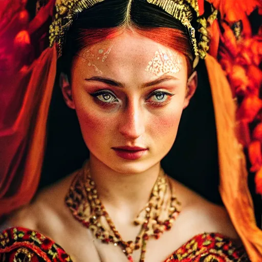 Image similar to 3 5 mm coloured film portrait of sophie turner as javanese bride, hyperrealism, photorealistic, detailed, atmospheric, 8 k, award winning photography, cinematic