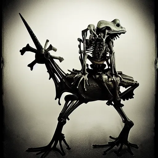 Image similar to frog horseman riding a glowing baroque unicorn skeleton in a thick fog, polaroid photography in style of andrey tarkovski, eerie, mystical, sublime