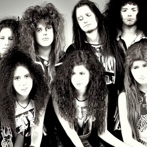 Prompt: Group of 19-year-old women holding electric guitars, long shaggy hair, permed hair, thrash metal, heavy metal, band promo photo, 1987 photograph