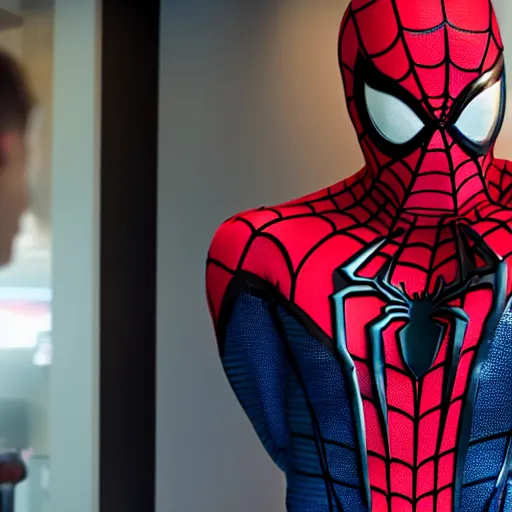 Image similar to spider man working in mcdonalds, movie still, dslr