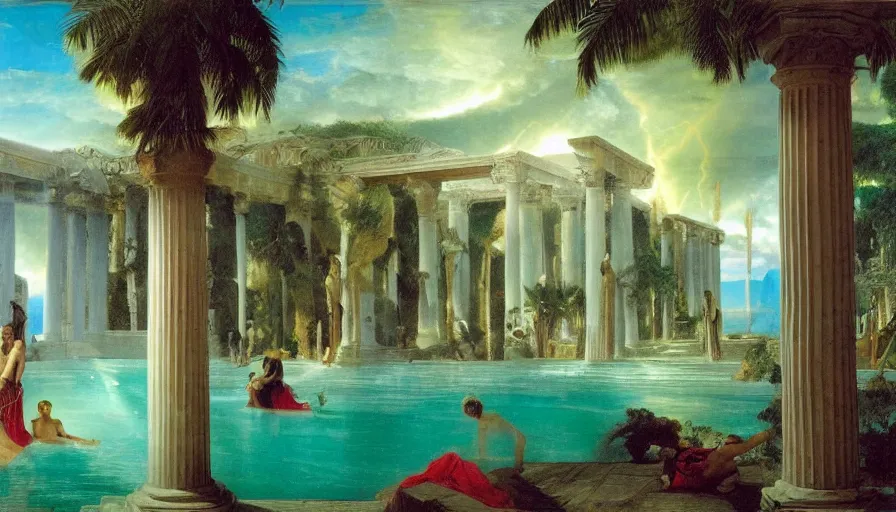 Image similar to Inside the Palace of the occult, mediterranean balustrade and columns, refracted sparkles, thunderstorm, greek pool, beach and Tropical vegetation on the background major arcana sky and occult symbols, by paul delaroche, hyperrealistic 4k uhd, award-winning, very detailed paradise