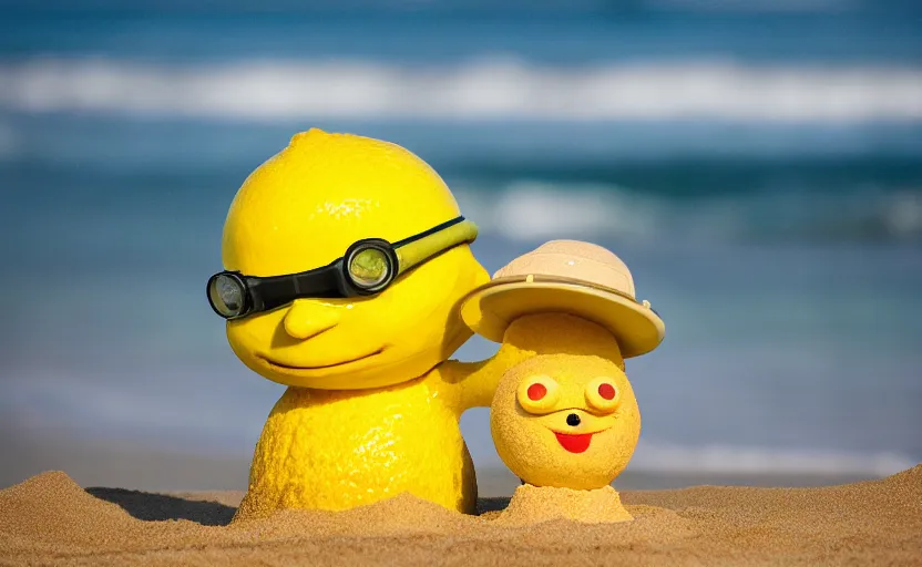 Image similar to 5 0 mm photograph, of a real anthropomorphic lemon character, with lemon skin texture, it is wearing a hat and scuba diving, building a sandcastle on the beach at sunset, beach, huge waves, sun, clouds, tropical trees, rim light, cinematic photography, professional, sand, sandcastle, volumetric lightening