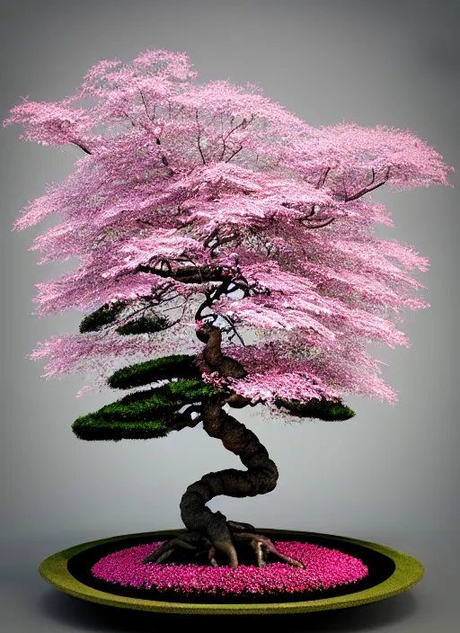 Image similar to hyper detailed 3d render like an Oil painting isometric perspective, octane render of a bonsai cherry blossom tree in a zen garden in the shape of a perfectly symetrical mandala finely detailed, hd, 8k minimalism, edge to edge, solid color background octane render, 8k