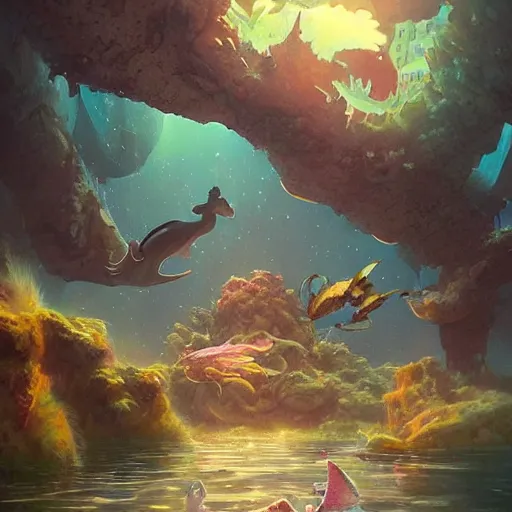 Image similar to Astronauts and some mythical animals are swimming under a sea, this is an extravagant planet with wacky wildlife, the background is full of ancient ruins, by Jordan Grimmer digital art, trending on Artstation,