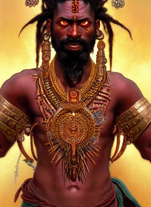 Image similar to angry orisha warrior god, bronze skin tone, bushy beard, glowing red eyes, volumetric lights, mauve and gold scheme, tribal and primitive, intricate, highly detailed, digital painting, artstation, concept art, smooth, sharp focus, illustration, kemetic symbolism, art by artgerm and greg rutkowski and alphonse mucha