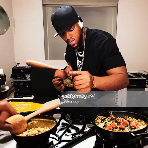 Image similar to curtis roads as a drill rapper cooking up in the studio, high quality press photo