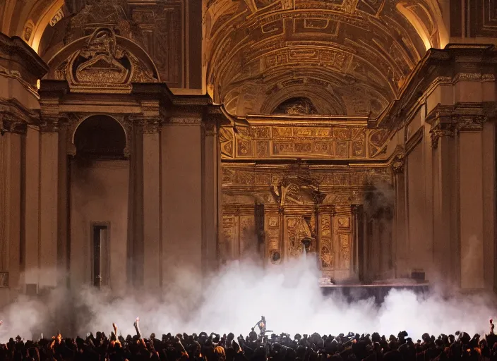 Image similar to a high resolution photograph of sunn o ) ) ) playing live at the vatican with monk robes, smoke machines, huge walls of amplifiers, many amplifiers stacked high, ornate