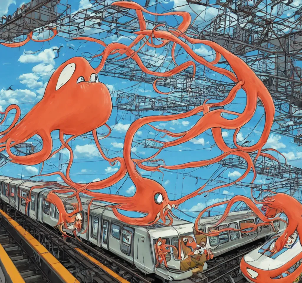 Image similar to a giant squid commuting to work on a suburban train, sponsored by burger squid king. the squid is drawing a technical diagram of a machine which will enslave humanity.