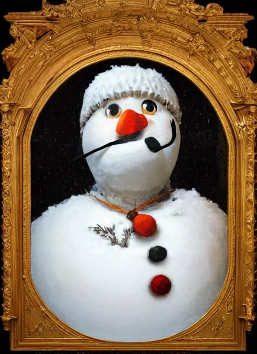 Image similar to a masterwork portrait of olaf the snowman from frozen in the style of a renaissance painting, insane detail, chiaroscuro oil painting, jan matejko, caravaggio, jan van eyck, trending on artstation, artgerm