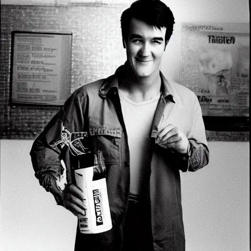 Image similar to young Bruce Campbell holding redbull can to the camera