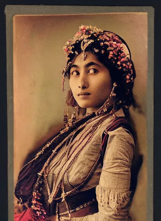 Prompt: hyper realistic and detailed vintage portrait photo of a beautiful beautifully lit nepalese Victorian woman with stunning reflective eyes in a himalayan valley by alphonse mucha and annie leibovitz