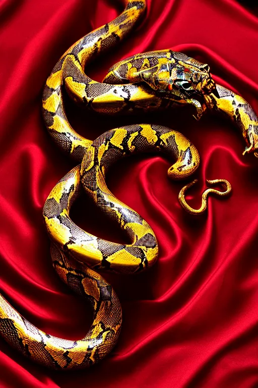 Image similar to chrome ornated african snake statue layed on a red silk fabric, by hedi xandt and antonio corradini, macabre art, dark surrealism, epic and cinematic view, volummetric light, texturized, detailed, 8 k