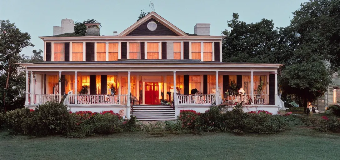 Image similar to american foursquare house designed by dali, david lynch, and cartier at sunset. cinematic. fujinon premista 1 9 - 4 5 mm t 2. 9. portra 8 0 0.