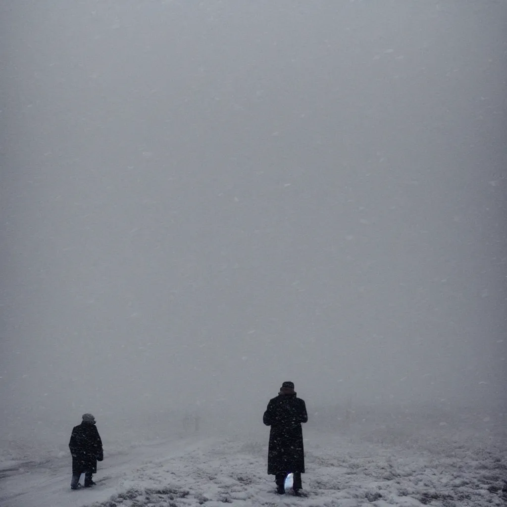 Image similar to photo of shiprock, new mexico during a snowstorm. a old man in a trench coat and a cane appears hazy in the distance, looking back over his shoulder. cold color temperature, snow storm. hazy atmosphere. humidity haze. kodak ektachrome, greenish expired film, award winning, low contrast,