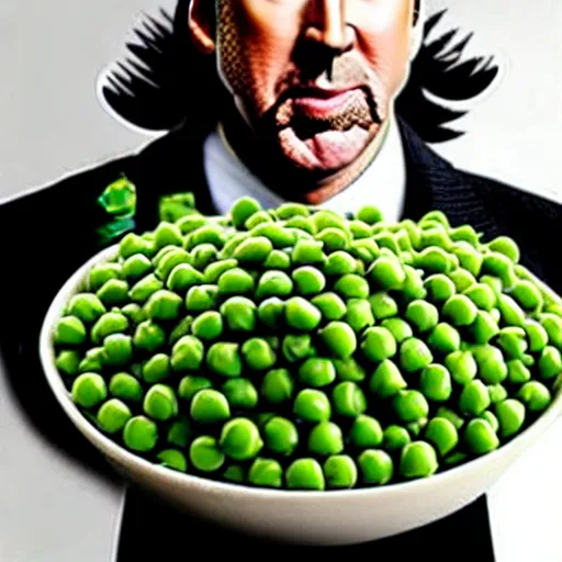 Image similar to not the bees with nicholas cage, but with peas