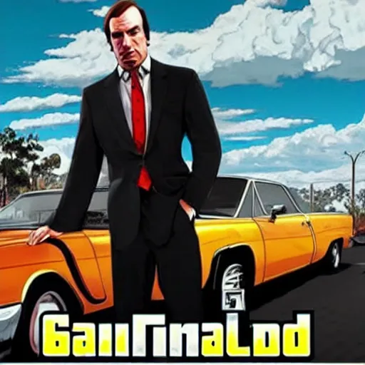 Prompt: saul Goodman, grand theft auto, cover art