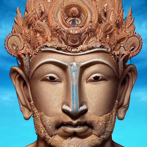 Prompt: enormous godlike face with titan eyes bodhisattva, praying meditating, prayer hands, intricate, detailed, epic, cinematic, artstation, by David Cronenberg